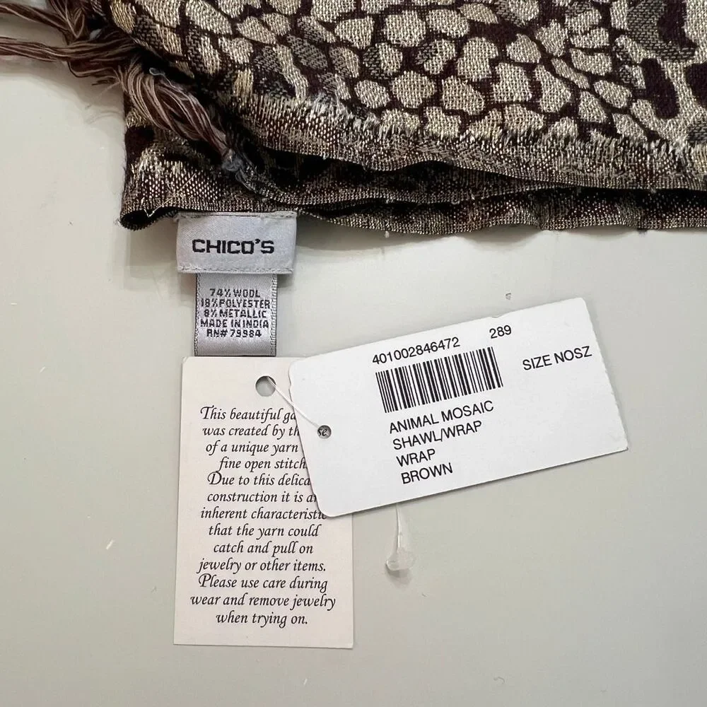 Chico's Womens Wool Blend Fringe Leopard-Print Shawl Scarf Brown 29